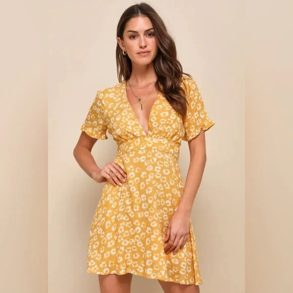 Lulus Garden Explorer Mustard Yellow Floral Print Mini Dress size Large - Picture 2 of 5